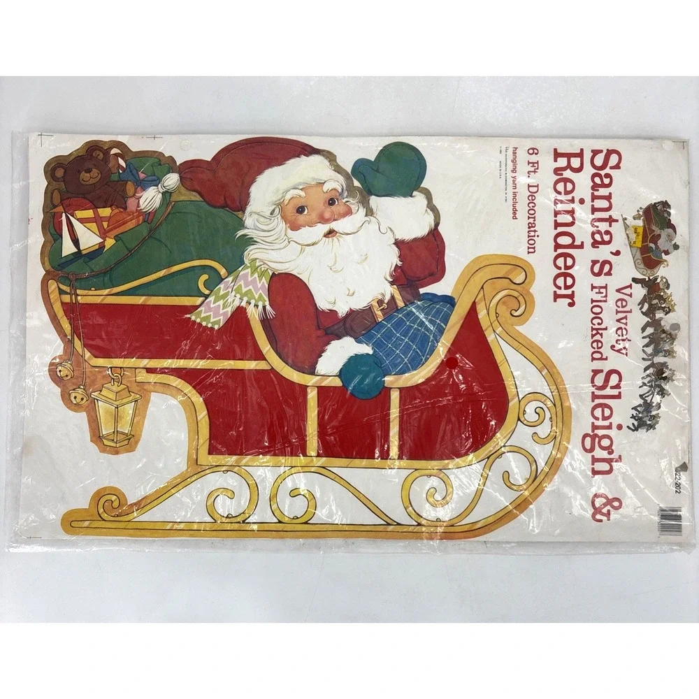 Vintage 1980s PECK Santa's Sleigh & Reindeer 6 Foot Velvety Flocked Die Cut NEW‎